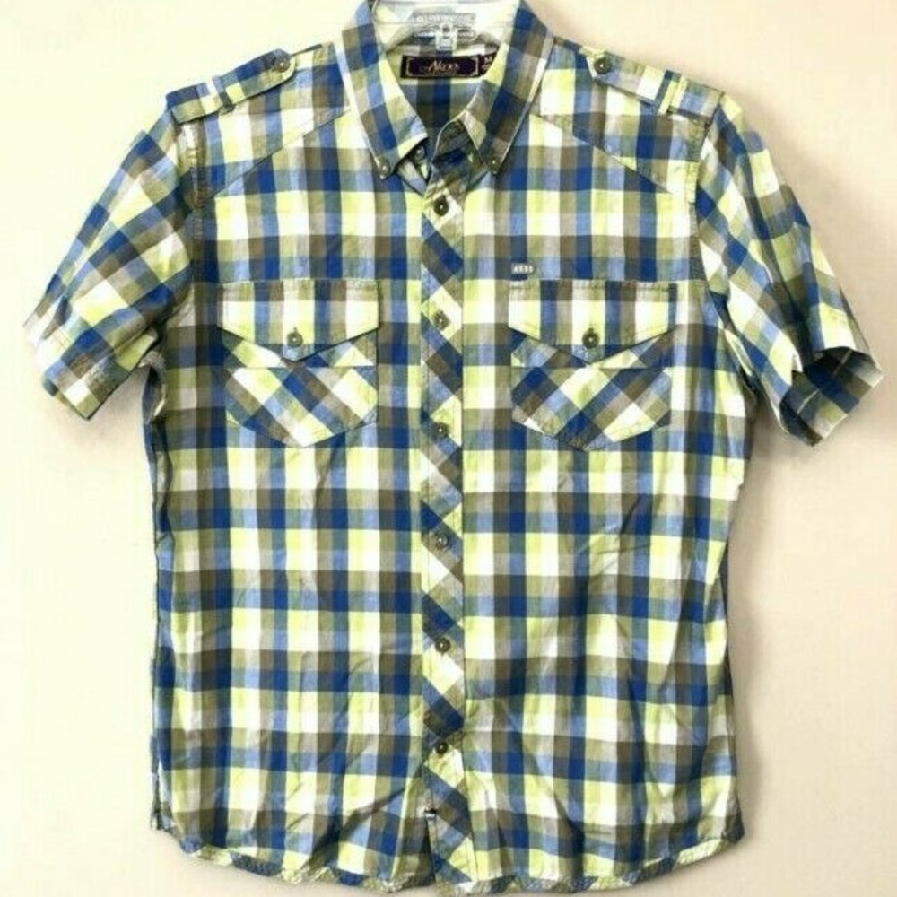 Akoo Short Sleeve Button Down Blue Green Yellow Pl
